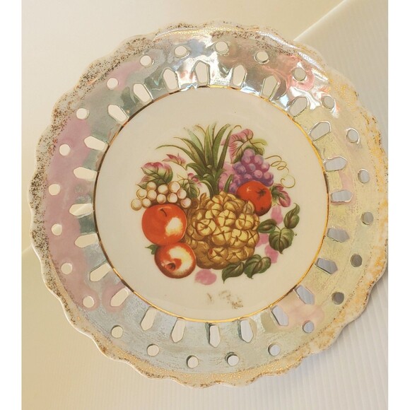 Antique Ucagco Pedestal Footed Pierced Fruit Hand Painted Ceramic Plate Luster - Picture 7 of 7
